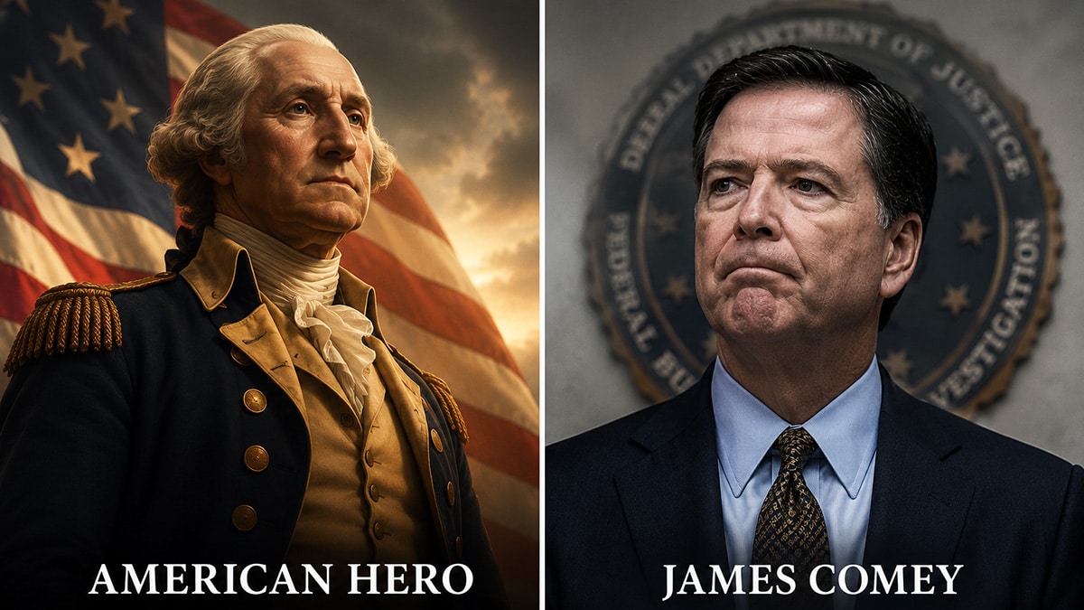 Split image showing a heroic American founding figure beside former FBI director James Comey to illustrate patriotic education teaching both national achievements and institutional failures.