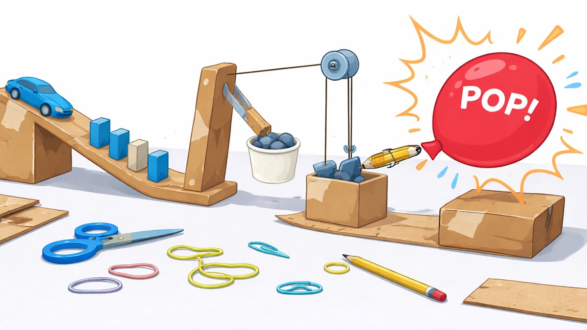 Balloon pop with Rube Goldberg machine