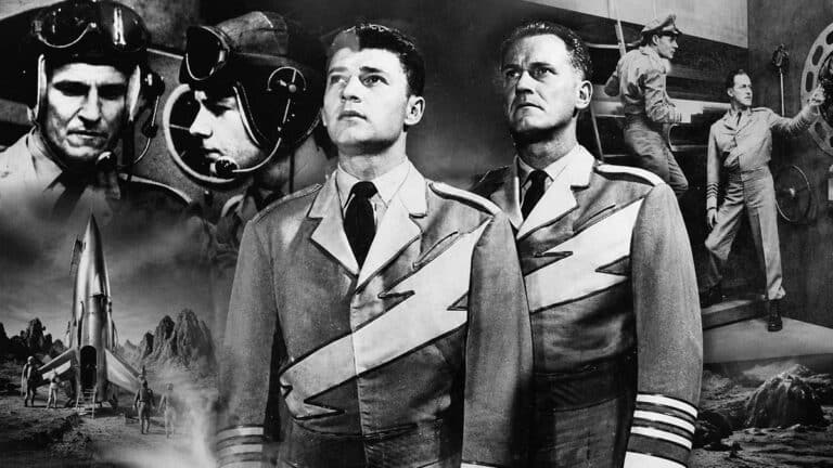 Black-and-white collage featuring Captain Video, the Video Ranger, spaceship controls, helmets, and retro science fiction scenes from the DuMont television series.