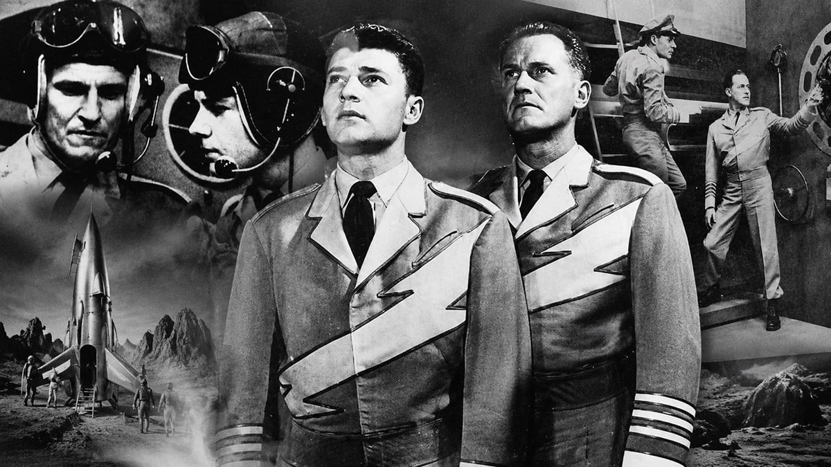 Black-and-white collage featuring Captain Video, the Video Ranger, spaceship controls, helmets, and retro science fiction scenes from the DuMont television series.