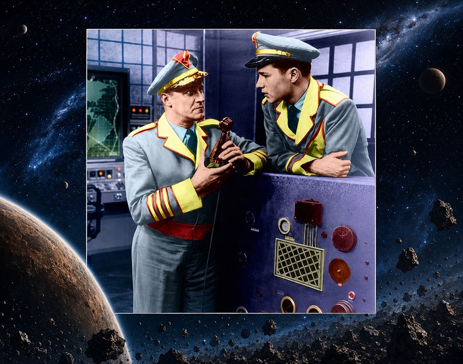 Captain Video, played by Al Hodge, and the Video Ranger, played by Don Hastings, receive an alert about danger on a distant planet.