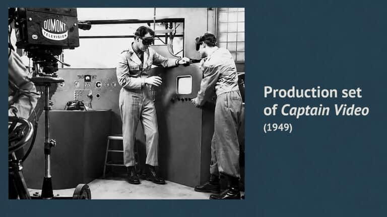 Black-and-white production photo from the 1949 TV series Captain Video, showing actors and studio equipment against a retro blue background.