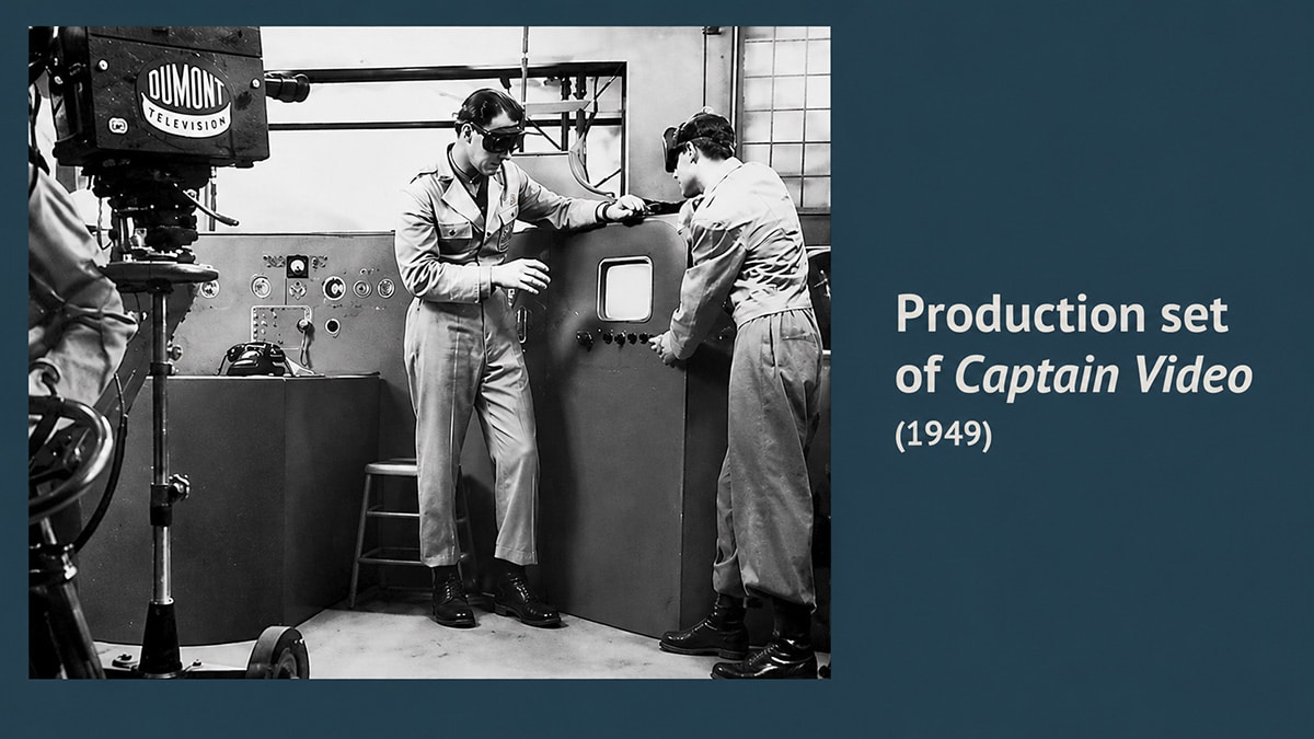 Black-and-white production photo from the 1949 TV series Captain Video, showing actors and studio equipment against a retro blue background.