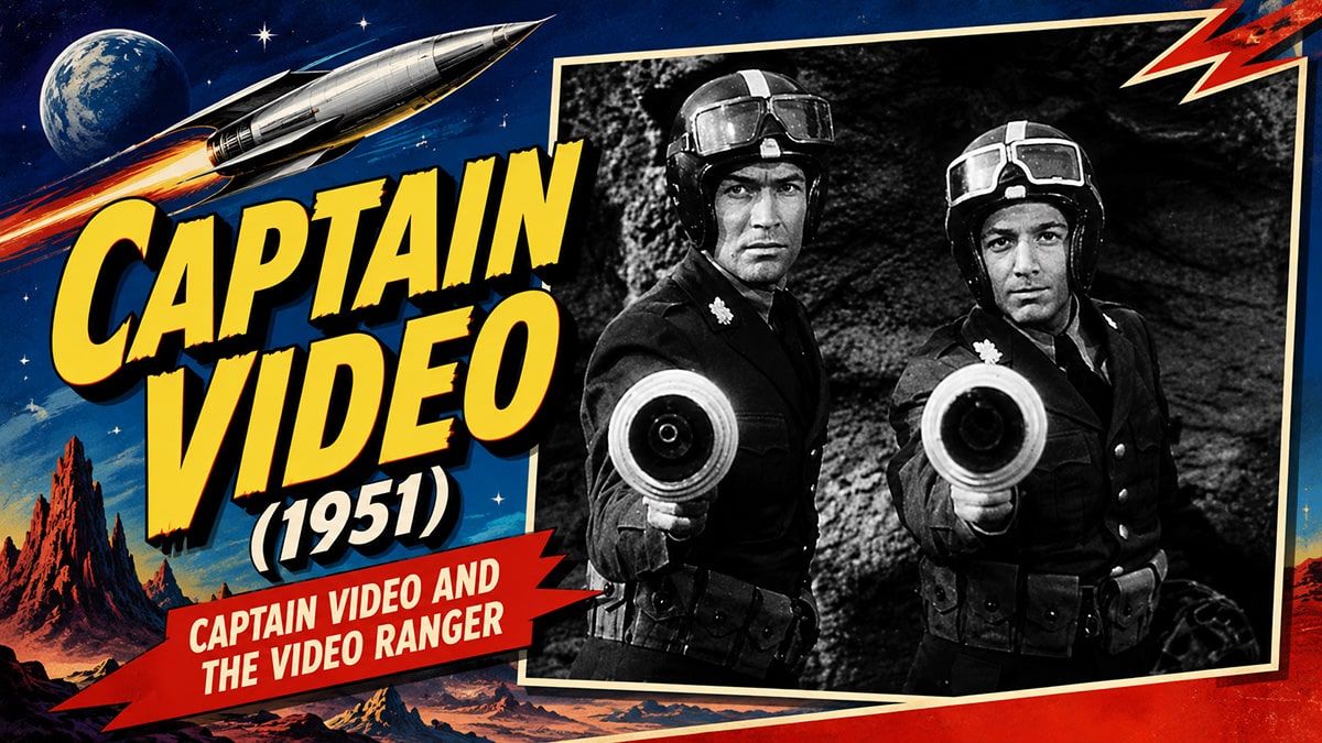 Retro-style feature image showing Captain Video and the Video Ranger from the 1951 movie serial against a colorful 1950s sci-fi background.
