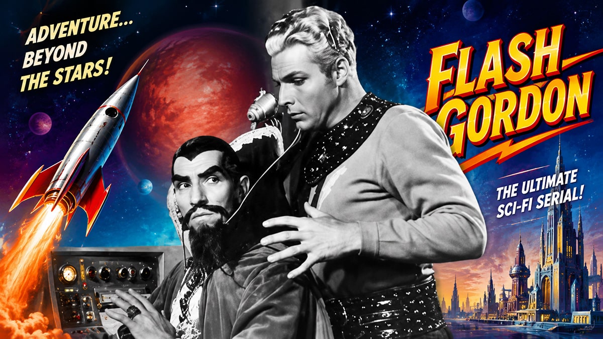 Colorful retro sci-fi feature image based on a Flash Gordon serial scene with Buster Crabbe, Emperor Ming, rockets, planets, and a futuristic cityscape