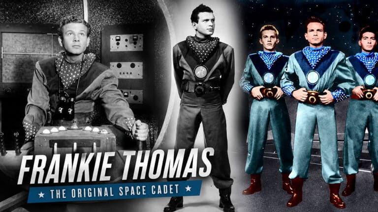 Collage featuring Frankie Thomas in his Tom Corbett, Space Cadet uniform on the Polaris control deck alongside promotional cast images from the 1950s science fiction television series.