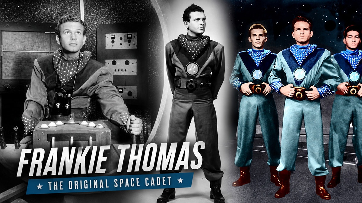 Collage featuring Frankie Thomas in his Tom Corbett, Space Cadet uniform on the Polaris control deck alongside promotional cast images from the 1950s science fiction television series.