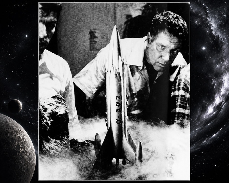 The Galaxy II rocket sits on a smoky volcanic planet surface, with special effects crew visible behind the miniature set.