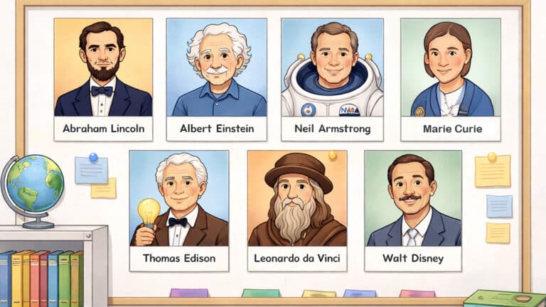 Historical icons on a classroom board