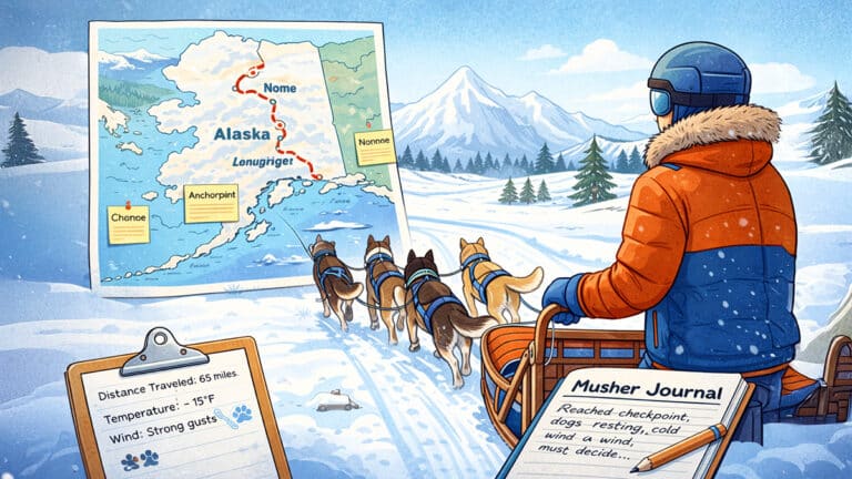 Iditarod race through snowy terrain