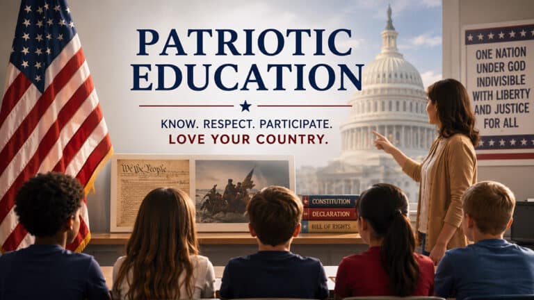 American classroom with students facing a teacher beside the US flag and patriotic civic education displays.