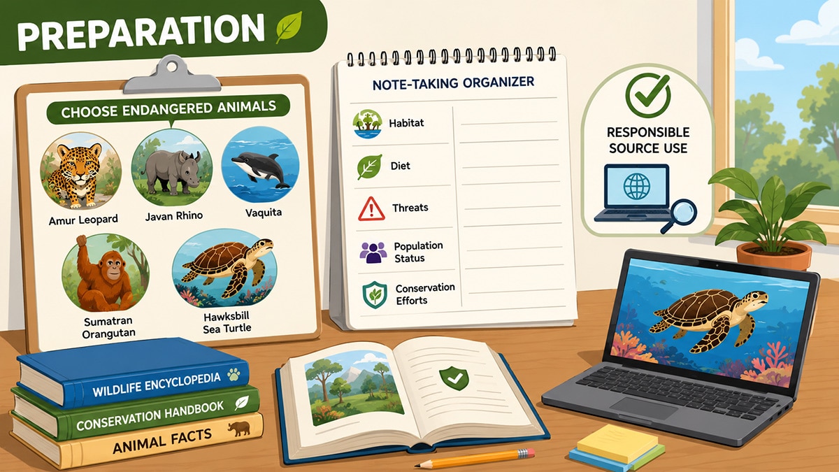 Vector-style classroom preparation scene showing endangered animals including an Amur leopard, Javan rhino, vaquita, Sumatran orangutan, and Hawksbill sea turtle beside student research materials and note-taking organizers.