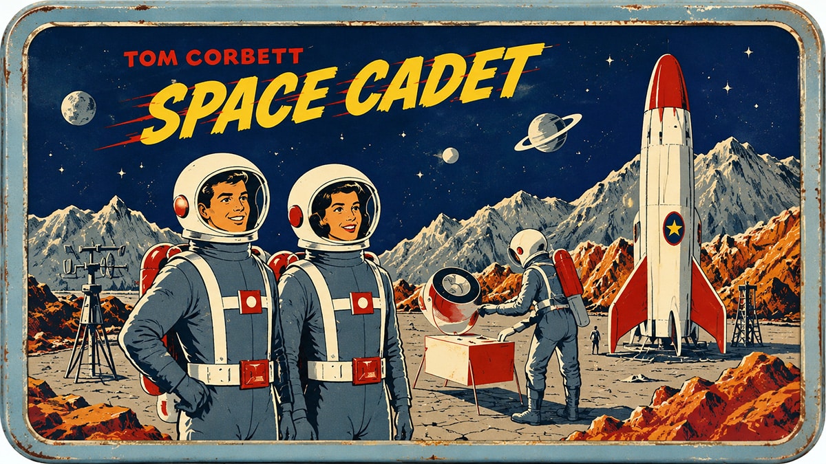 Retro-style science-fiction artwork showing male and female space cadets beside a rocket on a colorful alien landscape.