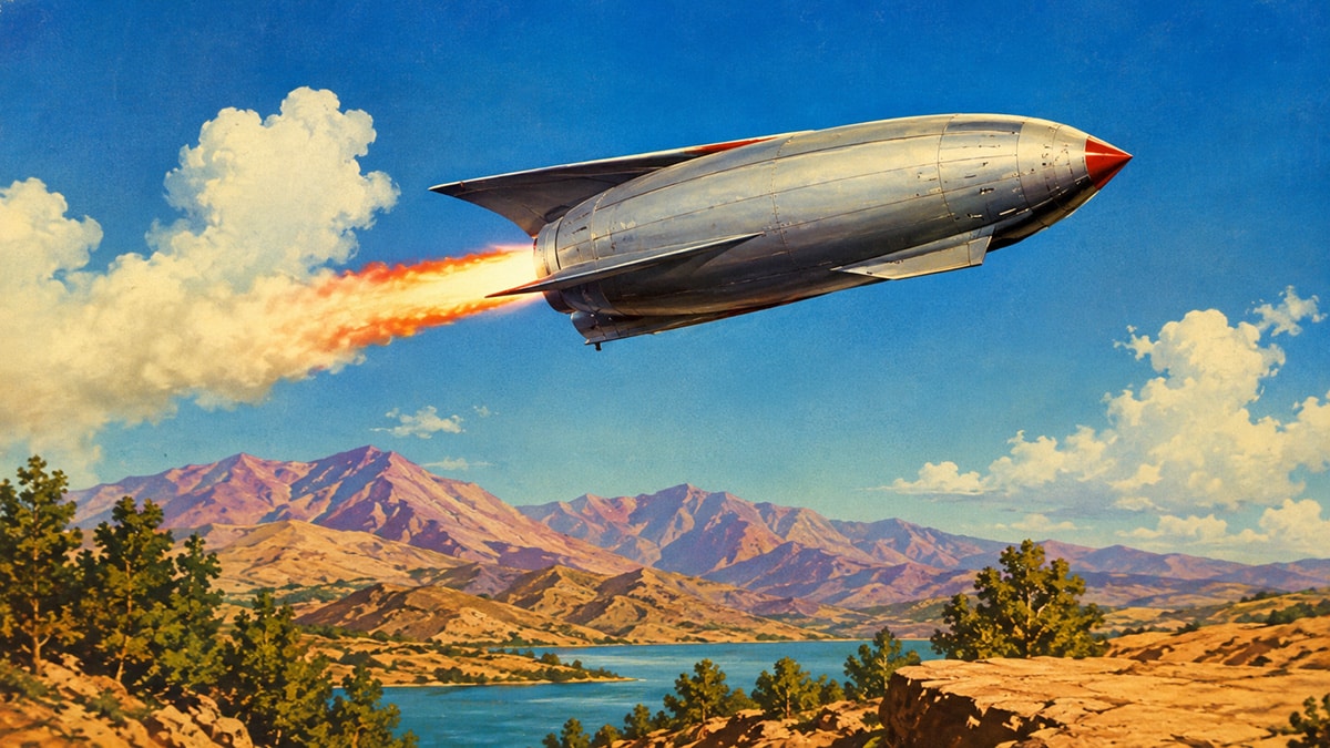 Retro-style Rocketman spaceship flying above a colorful desert mountain landscape inspired by 1950s movie serial space adventures.
