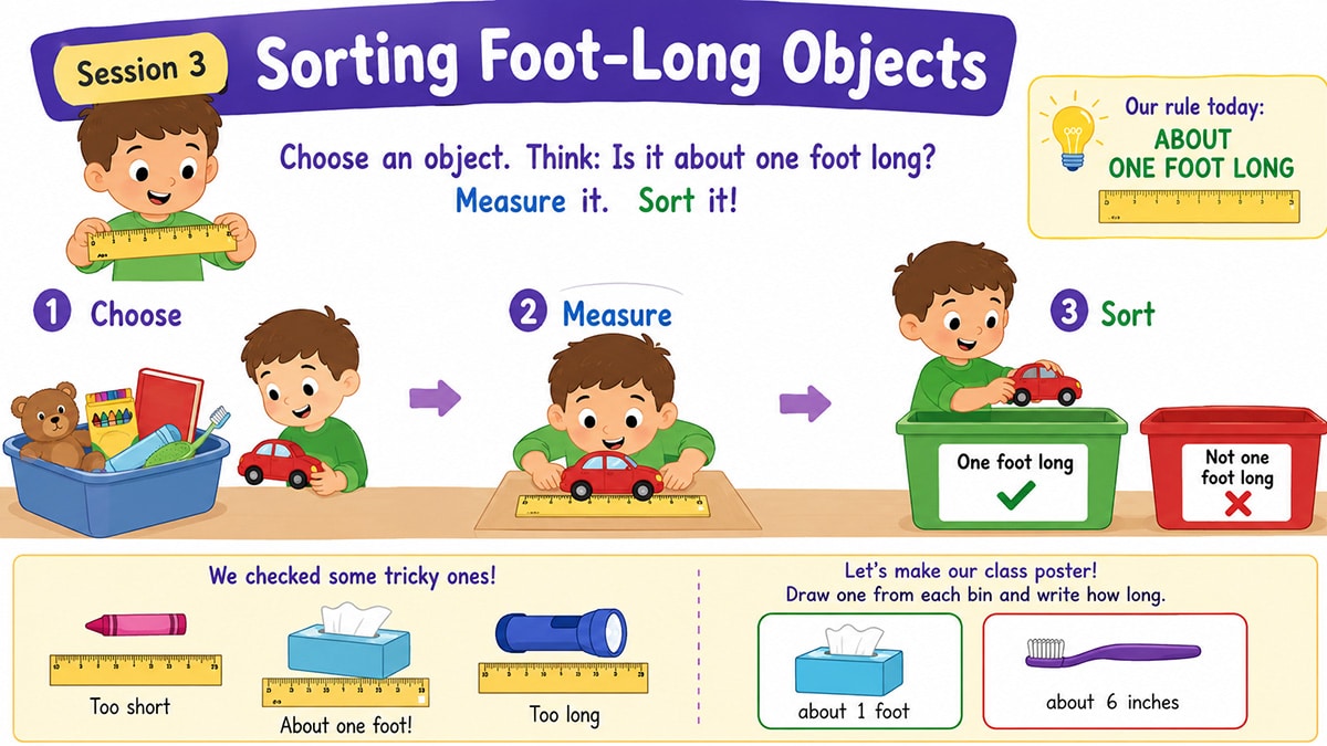 Kindergarten students estimate, measure, and sort classroom objects by length while learning about items that are about one foot long.