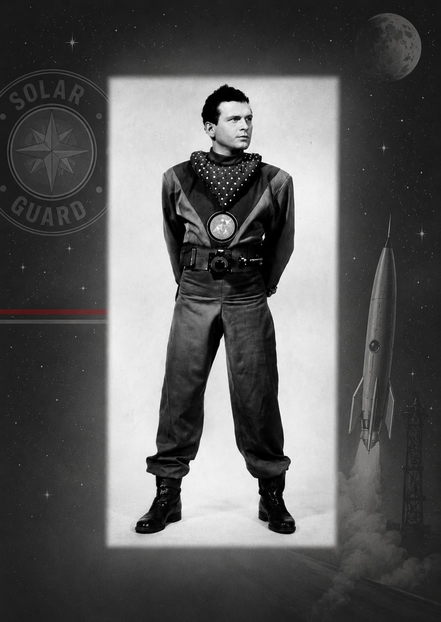 Vintage Tom Corbett space cadet dress uniform showing a belt-mounted radio transceiver, small telescope, pouches, scarf, and boots.
