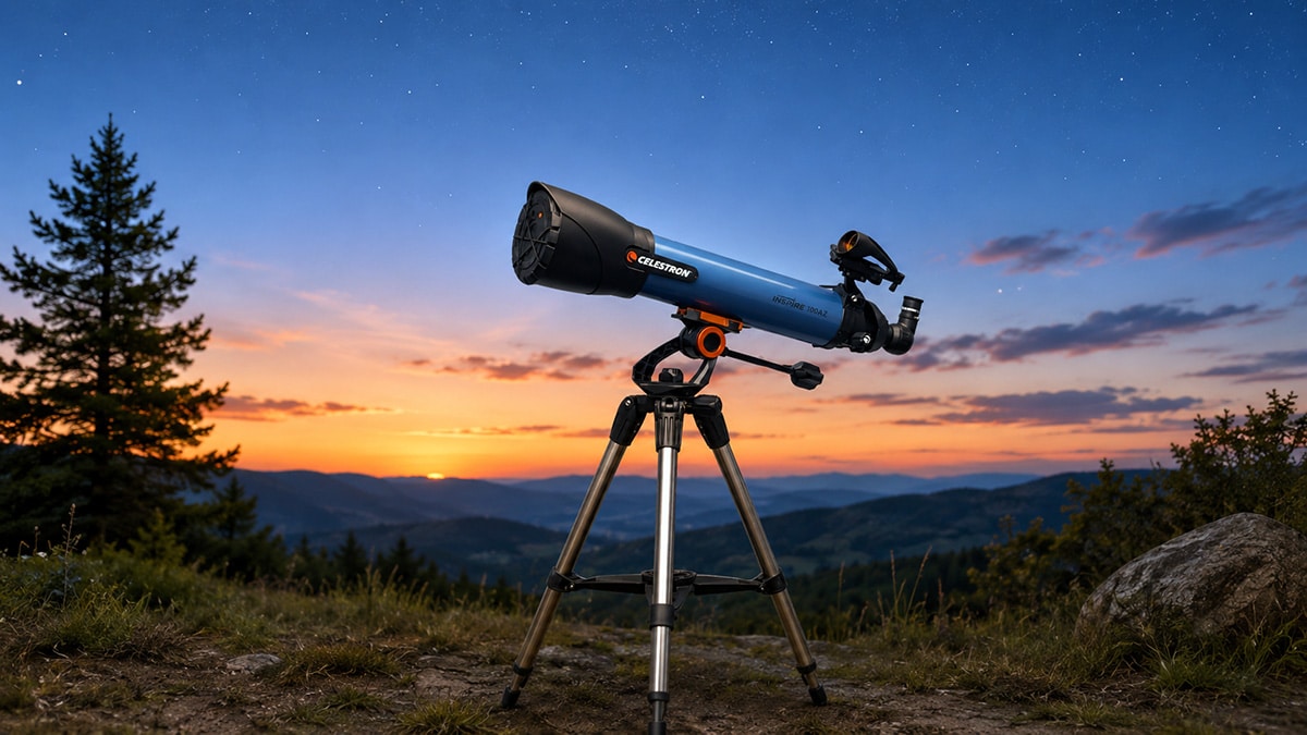 Celestron Inspire 100AZ refractor telescope set up outdoors at dusk during a hands-on review and testing session