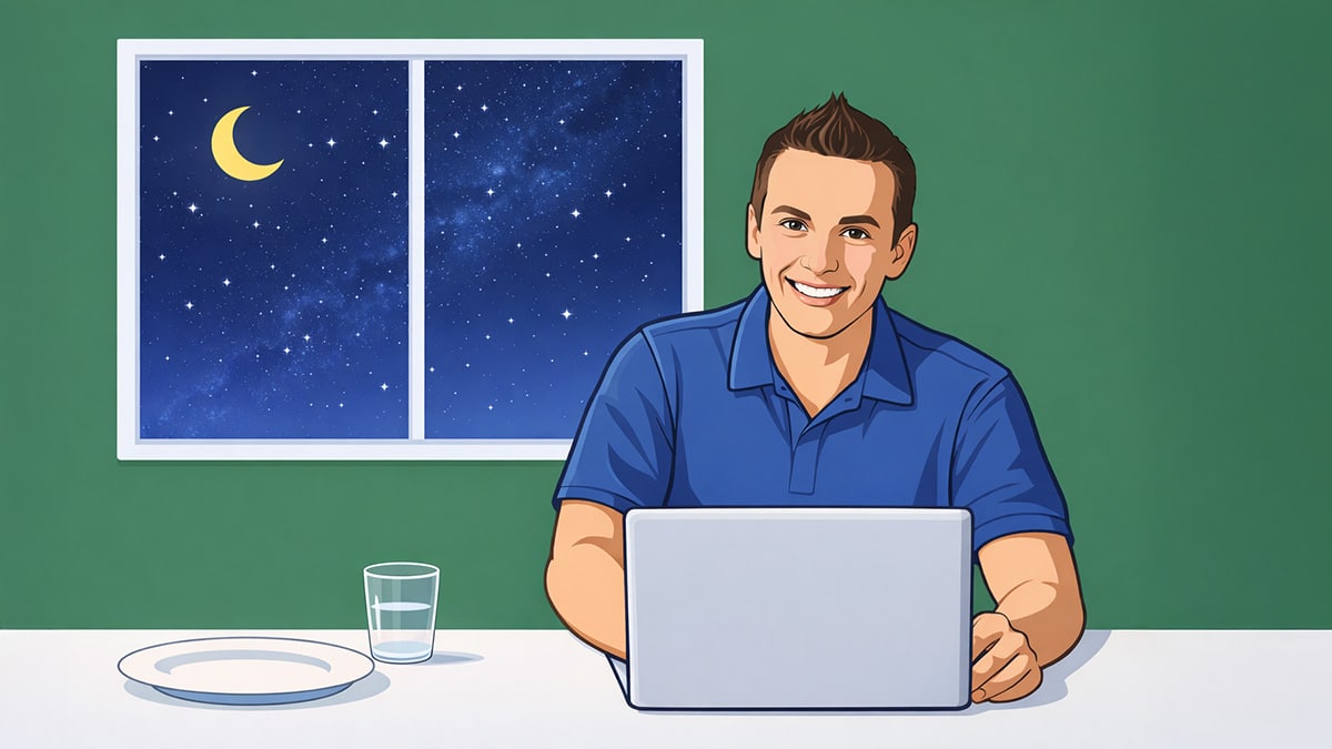 illustration of a man studying on a laptop at night with a large window showing a realistic night sky, with an empty plate and glass on the table representing flexible asynchronous learning
