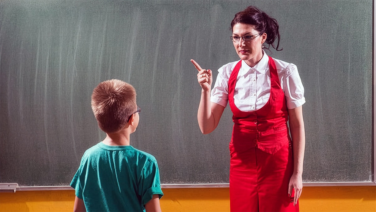 Teacher lecturing student at front of the classroom