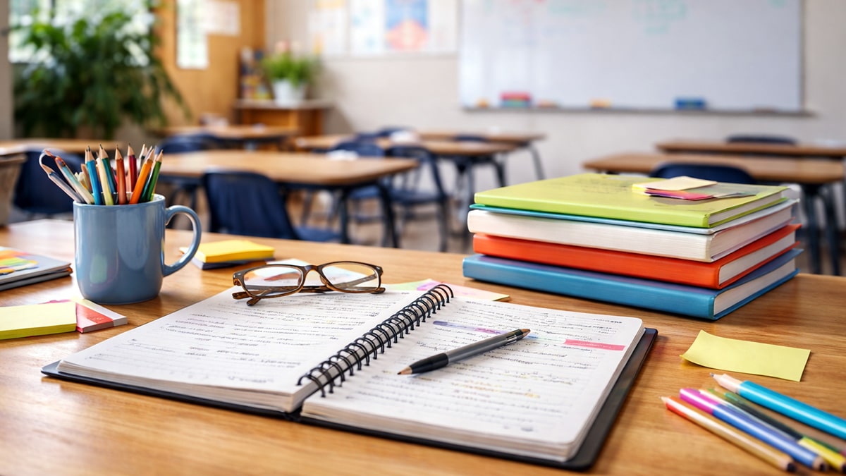Teacher's desk in a sunlit classroom