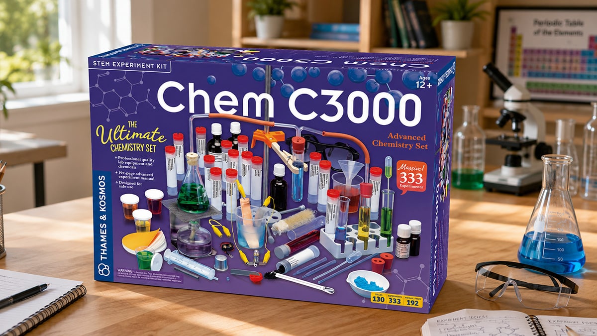 Thames and Kosmos CHEM C3000 advanced chemistry set displayed on a science workspace table with lab glassware, microscope, and chemistry study materials in the background