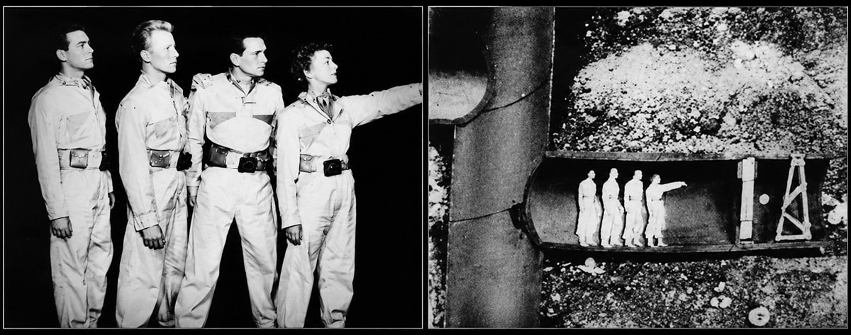 Side-by-side Tom Corbett Space Cadet images showing actors in white space fatigues and the asteroid mine miniature used for television effects.