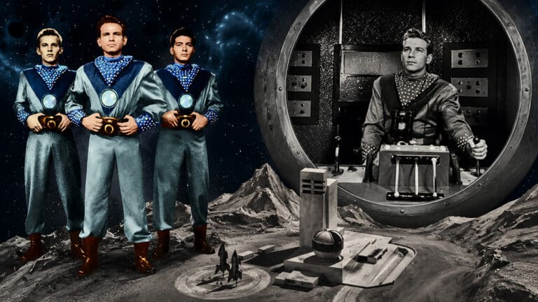 Retro Tom Corbett Space Cadet collage showing Roger Manning, Tom Corbett, Astro, and the futuristic Space Academy base on a moon landscape.