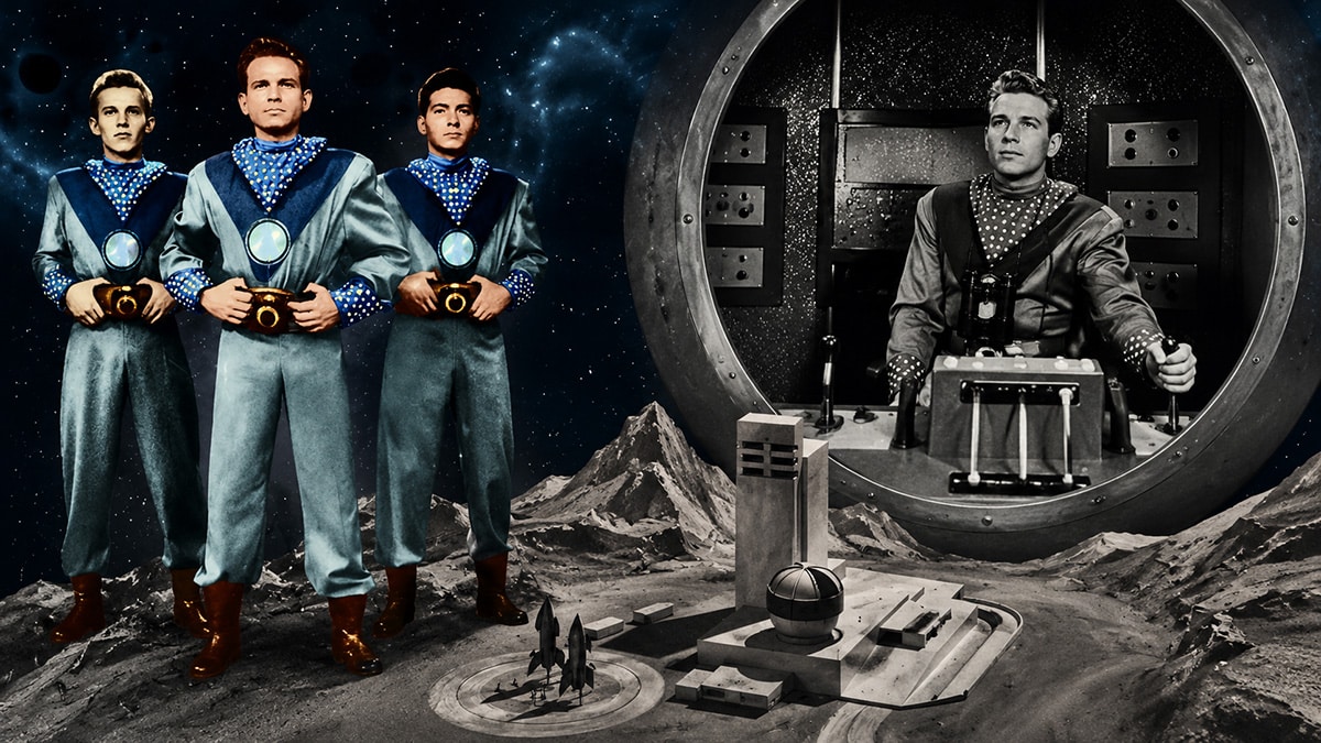 Retro Tom Corbett Space Cadet collage showing Roger Manning, Tom Corbett, Astro, and the futuristic Space Academy base on a moon landscape.