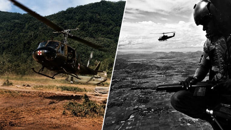 Split image showing a Huey Dustoff medevac helicopter landing in Vietnam beside a black-and-white aerial view of a Huey door gunner during combat operations.