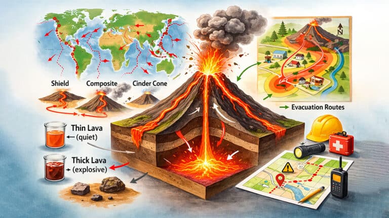 Volcano eruption infographic with hazard guide