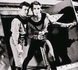 Buster Crabbe as Buck Rogers with Jackie Moran in a scene from the 1939 Buck Rogers serial
