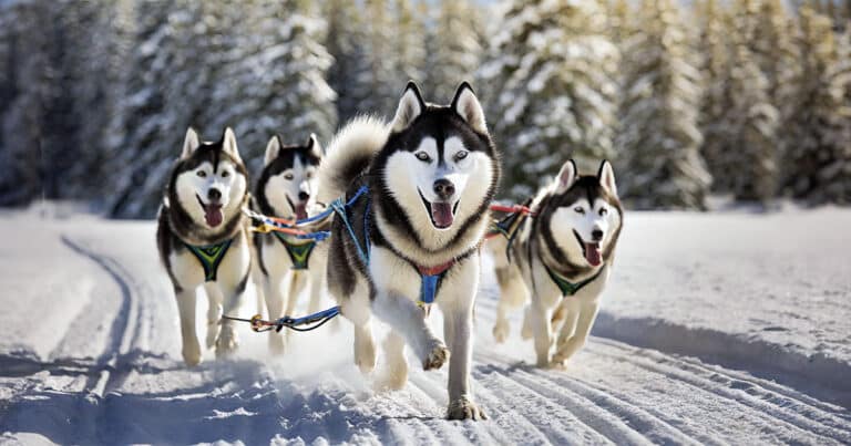 Husky dogs pulling sled in snow