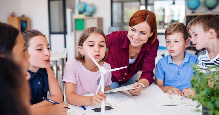 Teaching showing class a scale model wind turbine